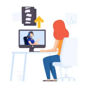 Illustration of a patient in a video call and uploading an MRI